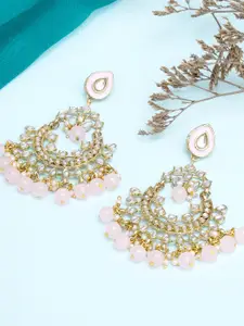 KARATCART Women Pink Beads Kundan Gold-Plated Classic Chandbalis Earrings
