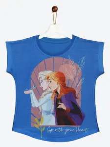 YK Disney Girls Blue Frozen Elsa & Anna Print Short Sleeves Cotton Top