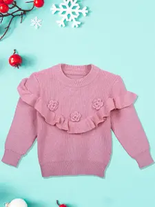 Baby Moo Girls Pink Flowers And Frills Premium Full Sleeves Knitted Ribbed Sweater
