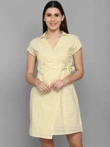 Allen Solly Woman Women Yellow & White Vertical Striped Wrap Dress