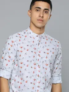 Flying Machine Men Grey & Peach-Coloured Slim Fit Floral Printed Pure Cotton Casual Shirt