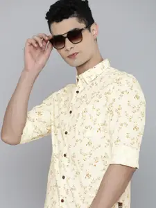 Flying Machine Men Cream-Coloured & Brown Slim Fit Floral Printed Pure Cotton Casual Shirt