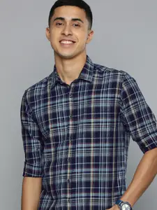 Flying Machine Men Navy Blue And White Standard Slim Fit Checked Pure Cotton Casual Shirt