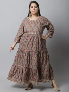 Rajnandini Women  Plus Size Grey Ethnic Motifs Printed Flared Sleeves Anarkali Dress