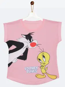 YK Warner Bros Girls Pink & Black Looney Tunes Tweety & Sylvester Short Sleeves Cotton Top