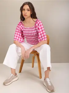 U.S. Polo Assn. Women U S Polo Assn Women Fuchsia and White Checked Smocked Top