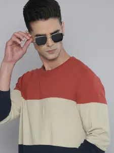 Flying Machine Men Rust Brown & Navy Blue Colourblocked Pure Cotton Knitted Pullover