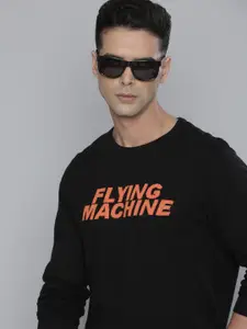 Flying Machine Men Black Brand Logo Printed Pure Cotton Pullover