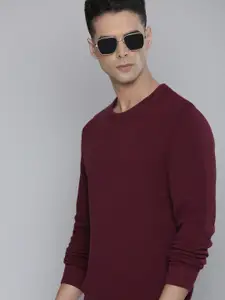Flying Machine Men Burgundy Solid Pure Cotton Knitted Pullover