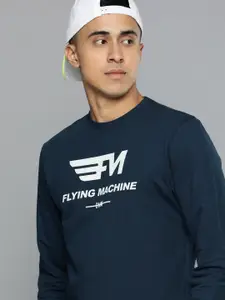 Flying Machine Men Navy Blue Brand Logo Printed Pure Cotton Sweatshirt