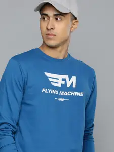 Flying Machine Men Blue Brand Logo Print Knitted Pure Cotton Sweatshirt