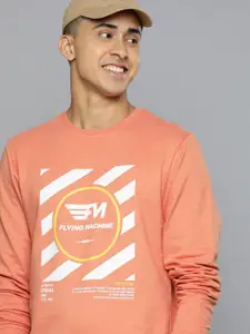 Flying Machine Men Coral Orange Brand Logo Print Knitted Pure Cotton Sweatshirt