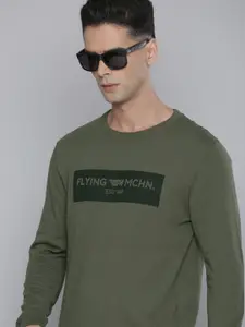 Flying Machine Men Olive Green Brand Logo Printed Pure Cotton Pullover