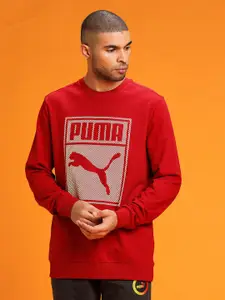 Puma Men Red Graphic Crew Printed Cotton Regular Fit Sweatshirt