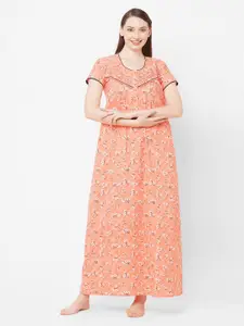 Sweet Dreams Peach-Coloured Printed Round Neck Maxi Nightdress