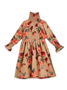 YK Girls Brown & Multicolour Floral Print High Neck Fit & Flare Dress