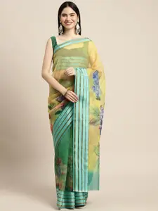 Saree mall Green & Green Floral Printed Organza Saree
