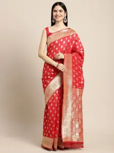 Saree mall Red & Gold-Toned Floral Silk Blend Banarasi Sarees