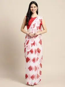 Saree mall Women White & Red Printed Poly Chiffon Bandhani Saree With Matching Blouse