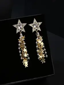 Yellow Chimes Women White Crystal Studded Gold-Plated Star Shaped Drop Earrings