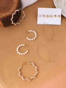 Yellow Chimes Women Set Of 6 Gold Toned Stud and Pearl Hoop Earrings