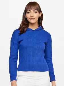 AND Women Blue Solid Hood Long Sleeves Top