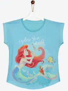 YK Disney Girls Blue little Mermaid Ariel Print Short Sleeves Cotton Top