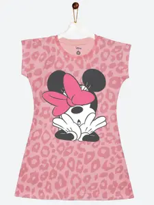 YK Disney Girls Pink & Black Minnie Mouse Printed A-Line T-shirt Dress