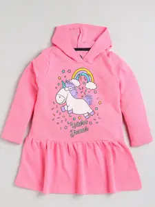 YK Girls Pink Unicorn Printed Hooded Fleece Sweatshirt Dress