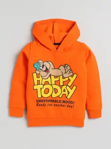 YK Boys Orange Bear & Typography Printed Hooded Fleece Sweatshirt