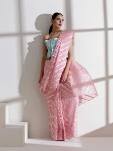 Swtantra Pink & Silver-Toned Striped Pure Chiffon Saree