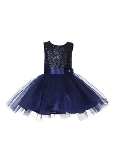Samsara Couture Girls Navy Blue Embellished Applique Net Dress