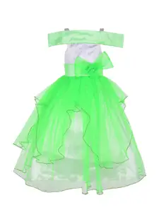 Samsara Couture Kids Girls White And Green Off-Shoulder Applique Net Maxi Dress