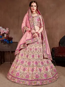FABPIXEL Pink & Purple Embroidered Semi-Stitched Lehenga & Unstitched Blouse With Dupatta