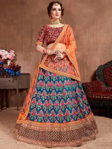 FABPIXEL Navy Blue & Orange Embroidered Beads and Stones Semi-Stitched Lehenga & Unstitched Blouse With