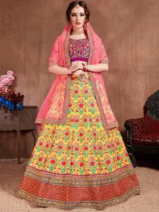 FABPIXEL Yellow & Pink Embroidered Beads and Stones Semi-Stitched Lehenga & Unstitched Blouse With Dupatta