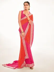 Mitera Orange & Pink Woven Design Zari Silk Blend Saree