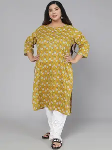 Jevi Prints Women Yellow & White Floral Printed Cotton Plus Size Kurta