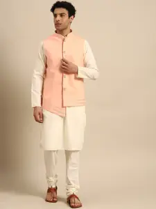 KISAH Men Cream-Coloured Solid Pure Cotton Kurta with Churidar