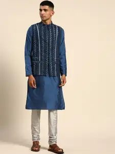KISAH Men Pure Cotton Embroidered Kurta with Churidar & Nehru Jacket Set