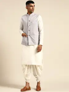 KISAH Men Cream-Coloured Pure Cotton Kurta with Dhoti Pants & Nehru Jacket
