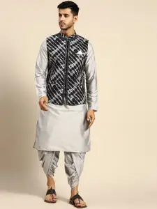 KISAH Men Grey Solid Kurta with Dhoti Pants & Nehru Jacket