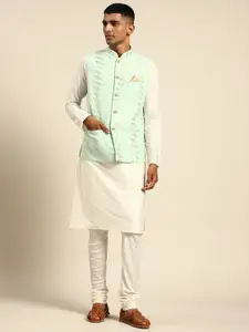 KISAH Men Off White Solid Pure Cotton Kurta with Churidar & Nehru Jacket