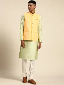 KISAH Men Green Solid Kurta with Churidar & Nehru Jacket