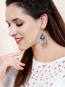 Rubans Women Oxidised Silver-Toned & Blue Drop Earrings