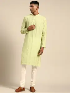 KISAH Men Green Embroidered Pure Cotton Kurta with Churidar