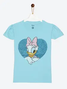 YK Disney Girls Daisy Duck Glitter Printed Puff Sleeves Cotton T-shirt