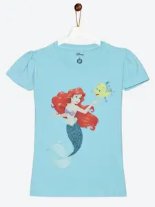 YK Disney Girls Blue Little Mermaid Ariel Printed Cotton T-shirt