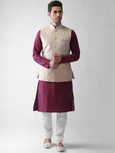 KISAH Men Cream-Coloured Kurta And Churidar With Nehru Jacket