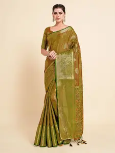 MIMOSA Olive Green & Gold-Toned Woven Design Zari Art Silk Kanjeevaram Saree